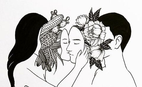 顔の下にサボテンを隠す女性と花を隠す男性