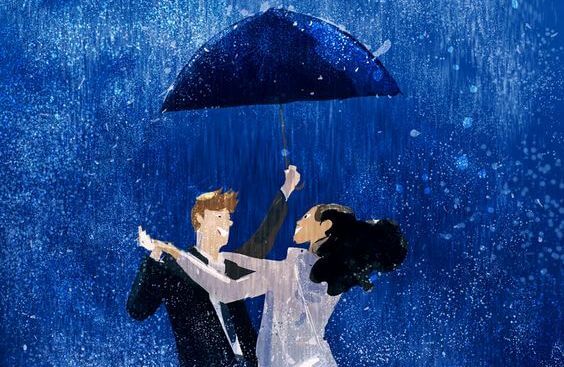 傘をさして雨の中踊る男女
