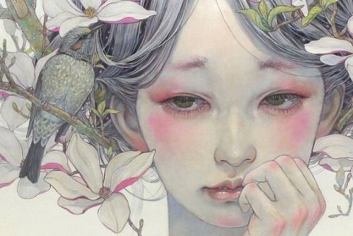 花と一羽の鳥に囲まれた白い女性