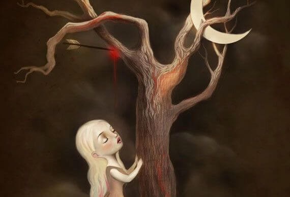 少女と矢に射られて血を流す木