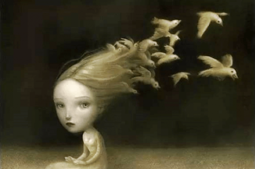 髪が鳥へと変わる少女