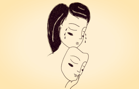 仮面の裏で涙を流す女性