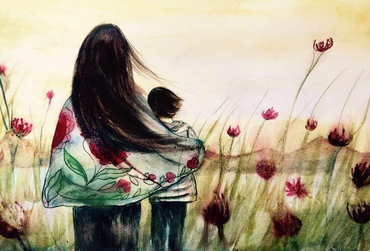 花に囲まれた母と子