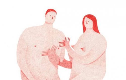 手を取り合う裸の男女