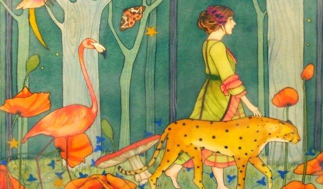 チーターとフラミンゴを連れた女性