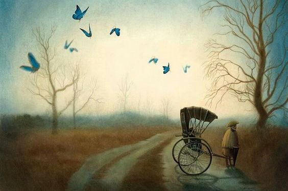 人力車と青い蝶