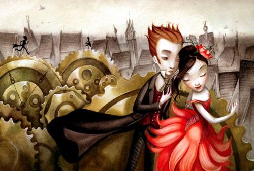 機械のぜんまいと正装したカップル