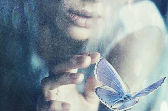蝶に触れる女性
