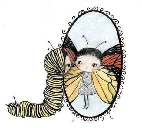 幼虫と鏡に映る蝶の女の子