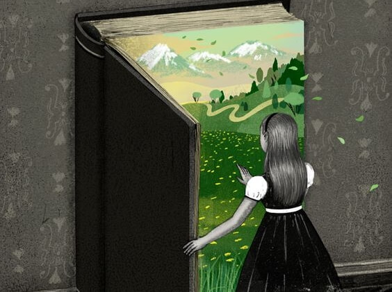 本のドアを開ける少女