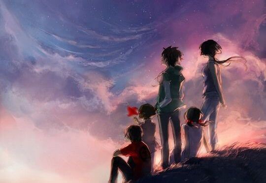 日没を眺める仲間たち