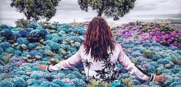 花畑の中を歩く女性