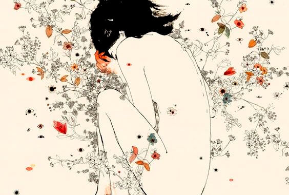 花に囲まれた裸の少女