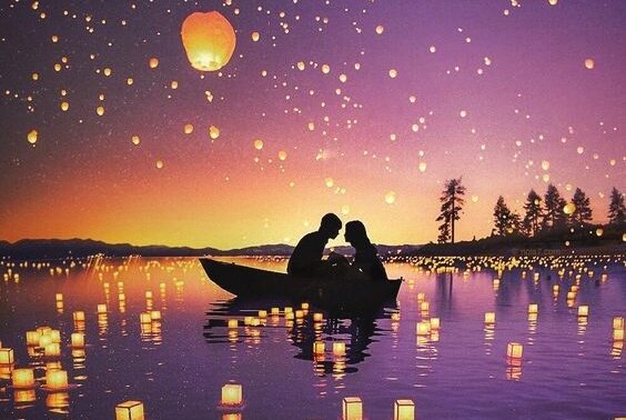 湖の上のランタンとボート