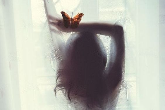 女性の影にとまる蝶