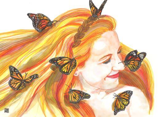 金髪の女性に集まる蝶