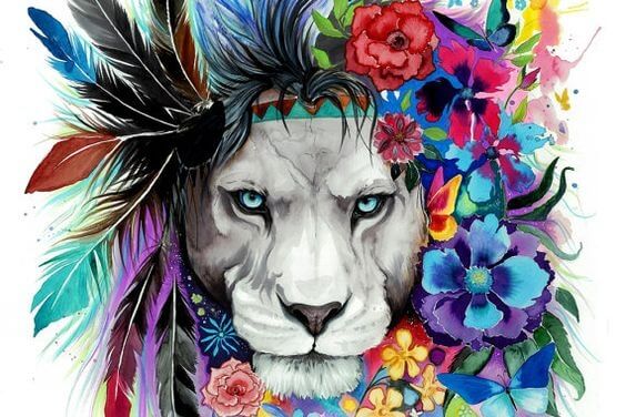 カラフルな花の鬣のライオン