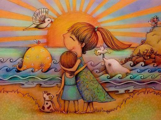 砂浜で抱き合う母と娘