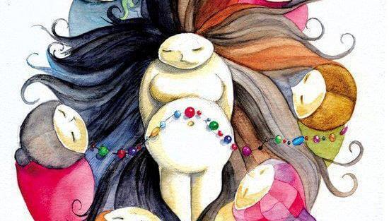 妊娠した女性とそれを囲むカラフルな女性たち