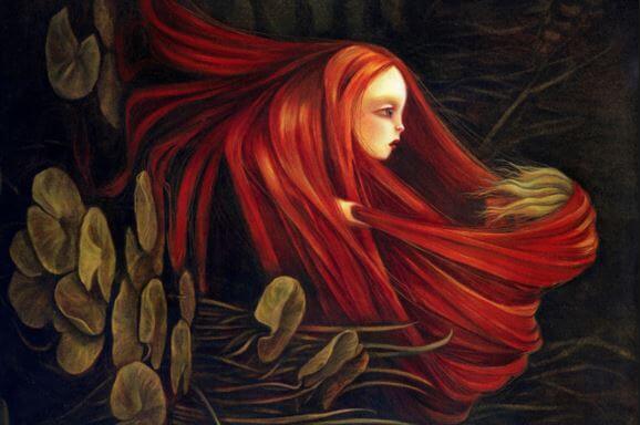 湖から浮かぶ赤毛の女性