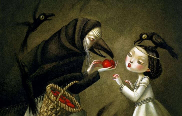毒リンゴを渡す魔女と白雪姫