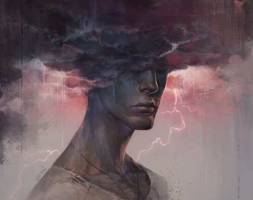 雲に目が隠れた男の人の像