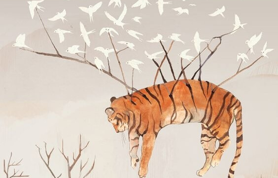 鳥に運ばれるトラ