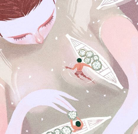 水につかる女性と船に乗る小人の男性