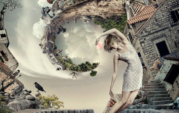 女性と渦になっていく風景