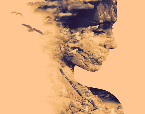 女性のシルエットに映る風景