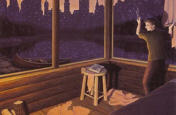 カーテンを切って夜の景色を見る