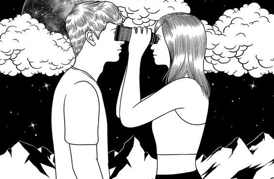 望遠鏡でお互いを覗くカップル