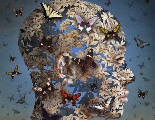 花と蝶でできた人の頭