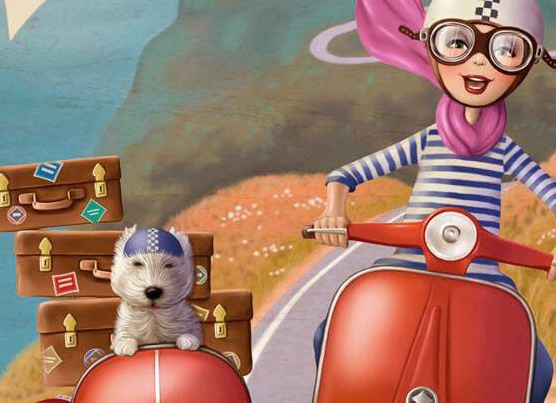 バイクに乗る少女と犬