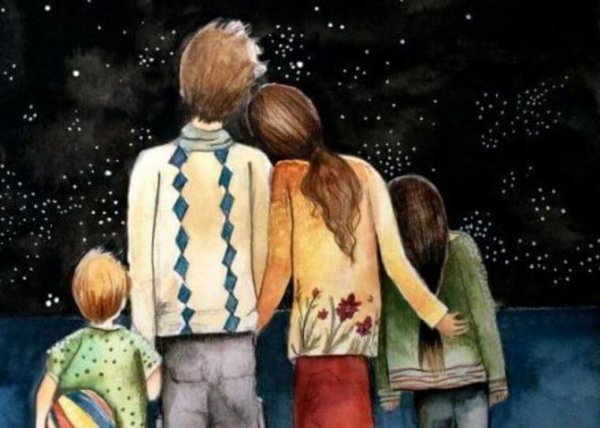 夜空を見る家族
