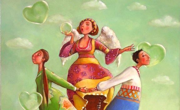 ハート型のシャボン玉を吹く天使