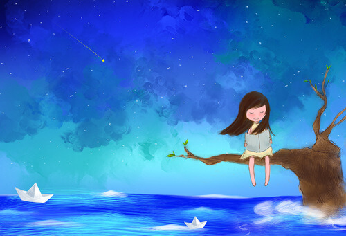 海に突き出す木の上で本を読む少女