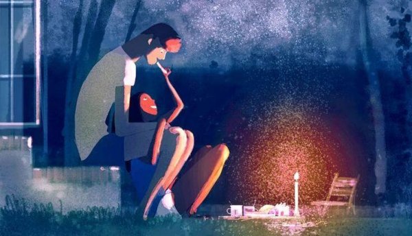 外でろうそくをともす二人