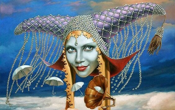 女王の顔と蓄音機から飛び出る傘