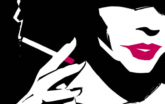 赤い口紅の喫煙者