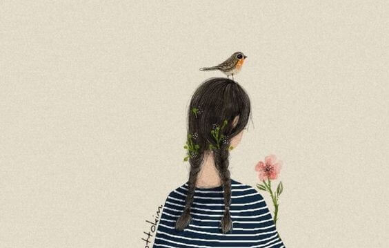少女と頭の上に乗った鳥