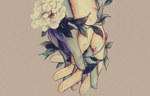 手に絡む花