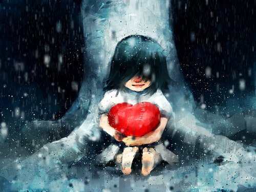 ame-no-naka-ha-to-wo-daite-suwaru-syoujo 雨の中ハートを抱いて座る少女