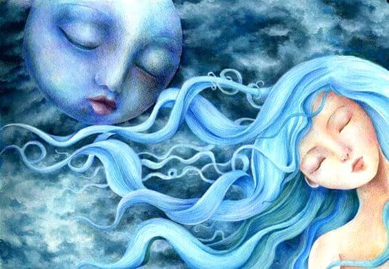 青い髪の女性と青い月