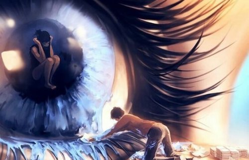 目の中にいる女性と涙を拭く男性