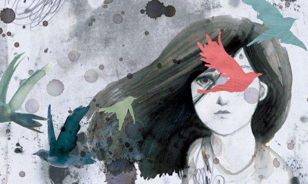 女の子と舞っている葉と鳥