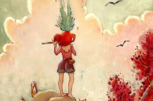 丘の上にいる少女が笛を吹いている