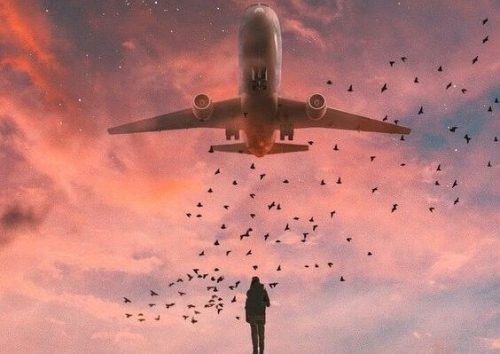 頭上の飛行機を見つめる男性