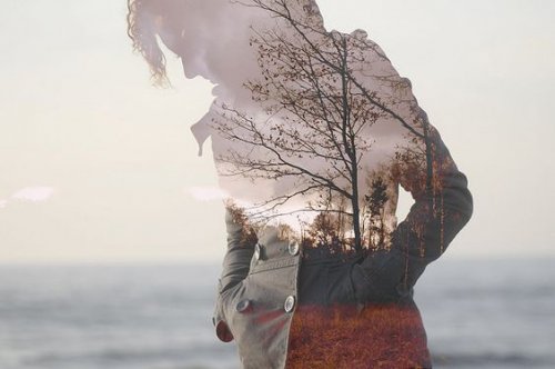 うつむく女性と木