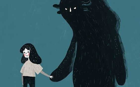 怪物の手を引く女の子